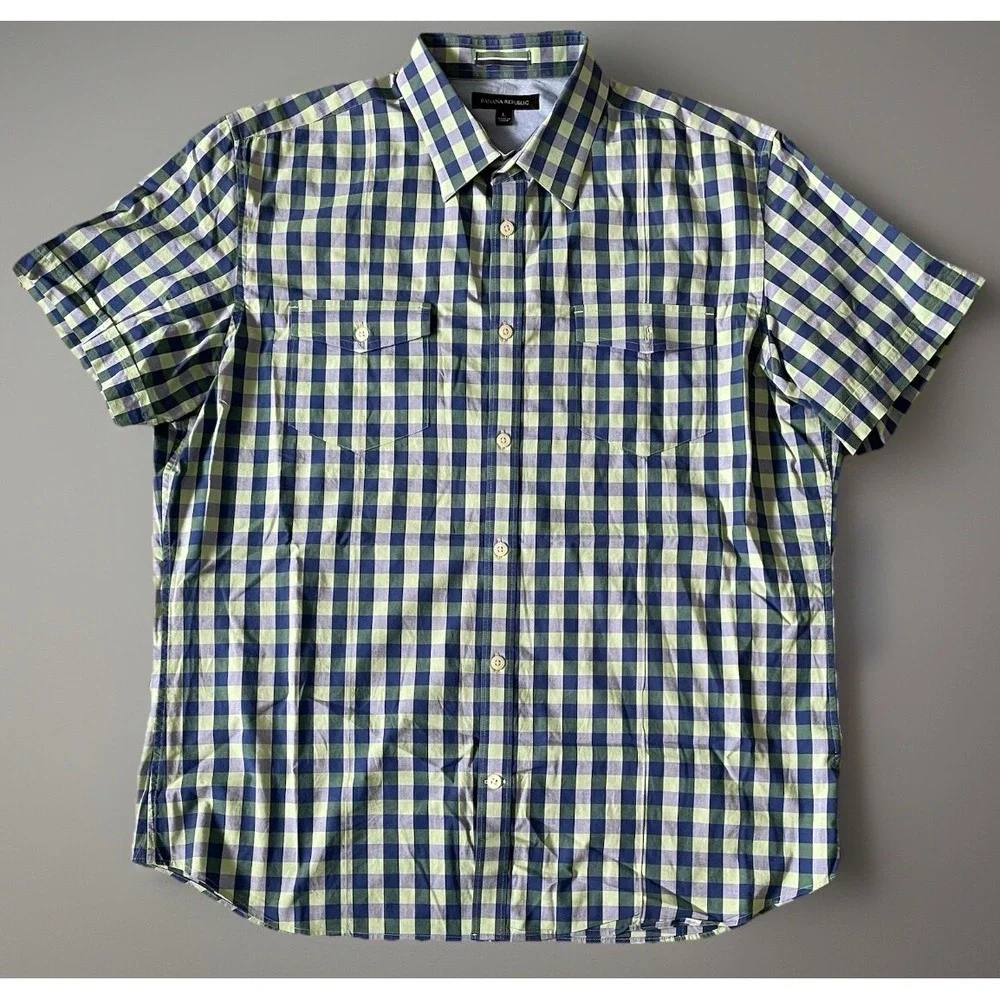 Banana Republic Short Sleeve Button Up Shirt Blue Green Plaid Pocket Large JBHS